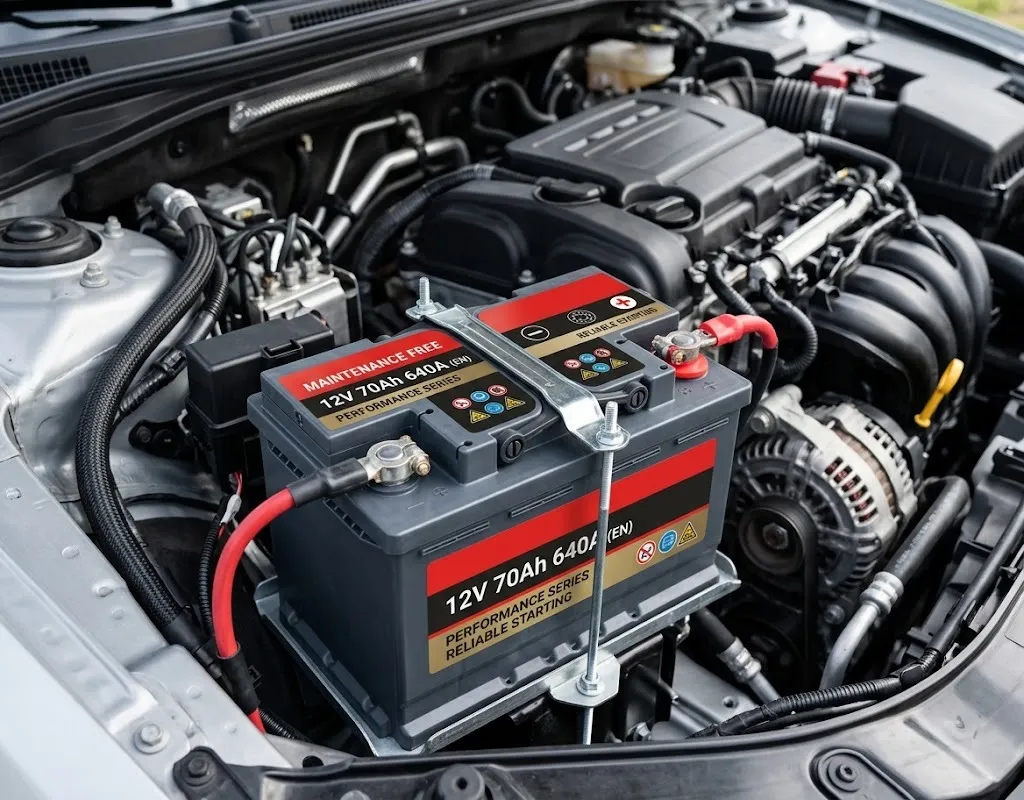 Motor bölmesinde yeni takılmış 12V 70Ah akü yakın çekim