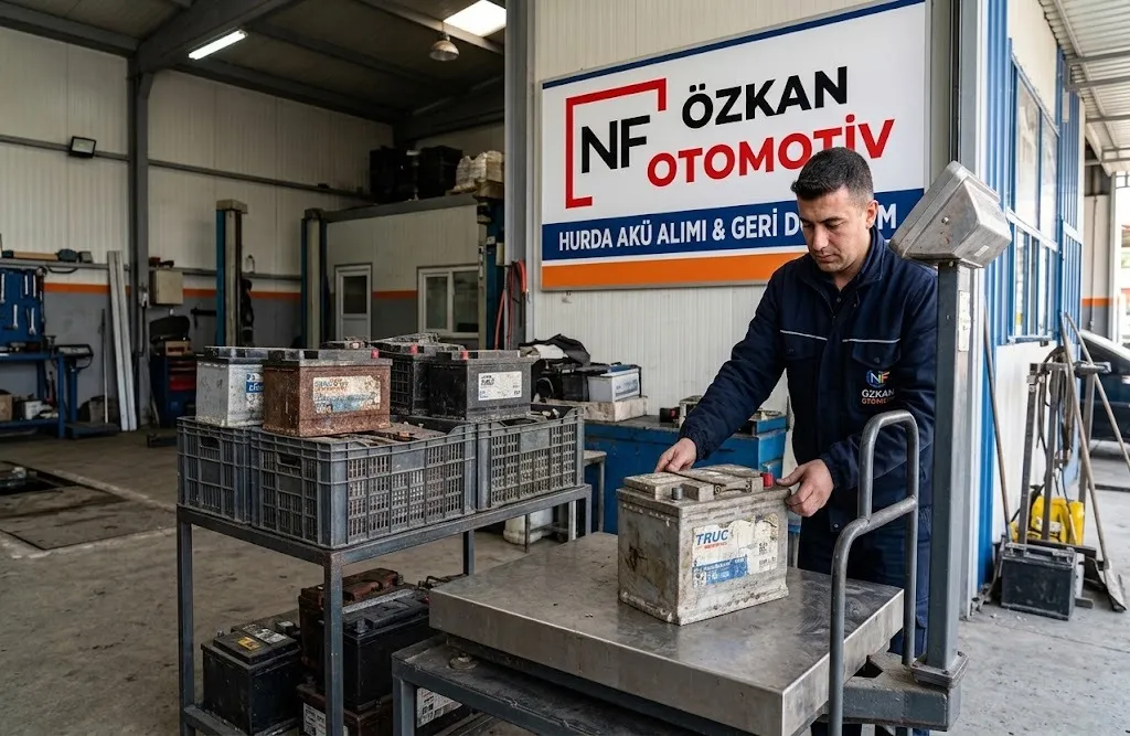 Hurda akü alımı ve geri dönüşüm noktası: çalışan eski aküyü tartıya koyuyor